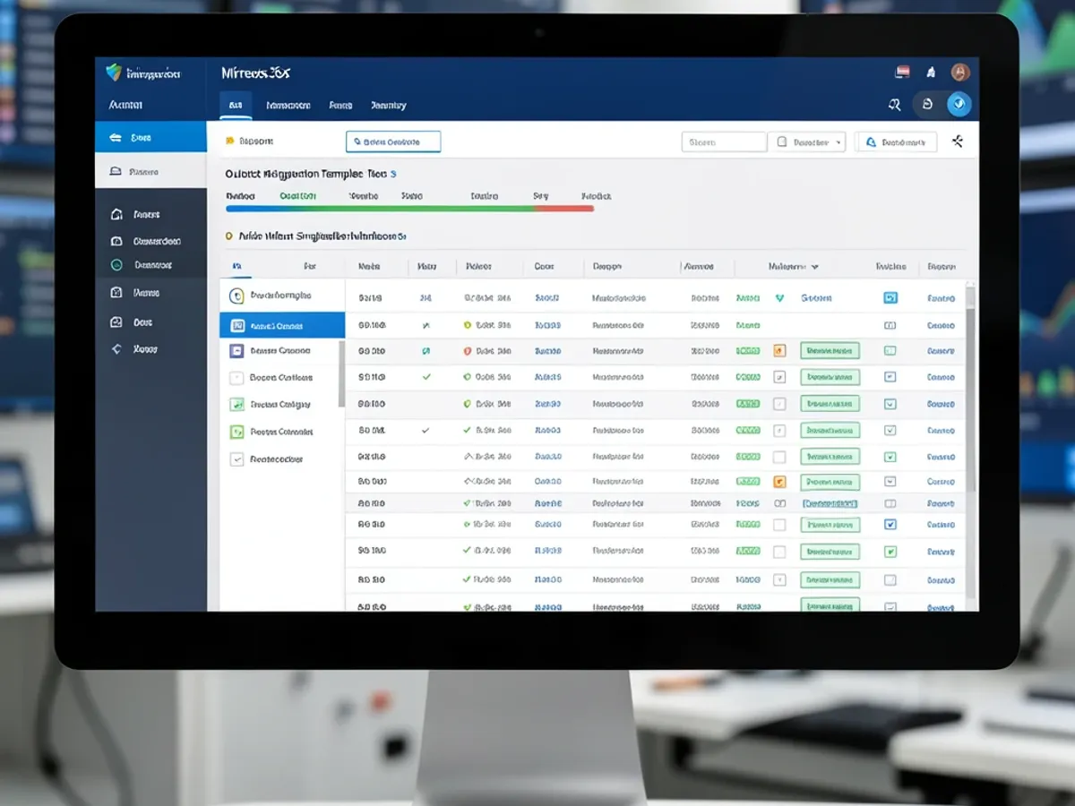 Dashboard podnikové migrace zobrazující nasazování šablon podpisů pro Outlook napříč stovkami migrovaných poštovních schránek s konzistentním brandingem a kontaktními poli na uživatele naplněnými z adresářových dat