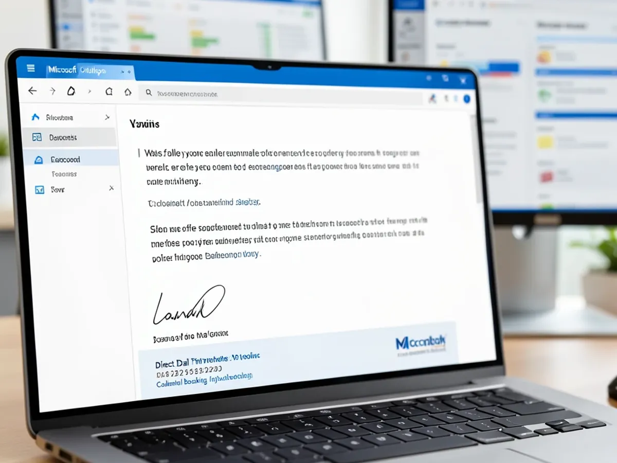 Okno pro psaní zprávy v Outlooku zobrazující podpisový blok obchodního zástupce se jménem, pracovní pozicí, přímým telefonním číslem, odkazem na rezervaci schůzky v kalendáři a logem společnosti vykresleným v horizontálním rozvržení optimalizovaném pro rychlé skenování v Outlooku na počítači