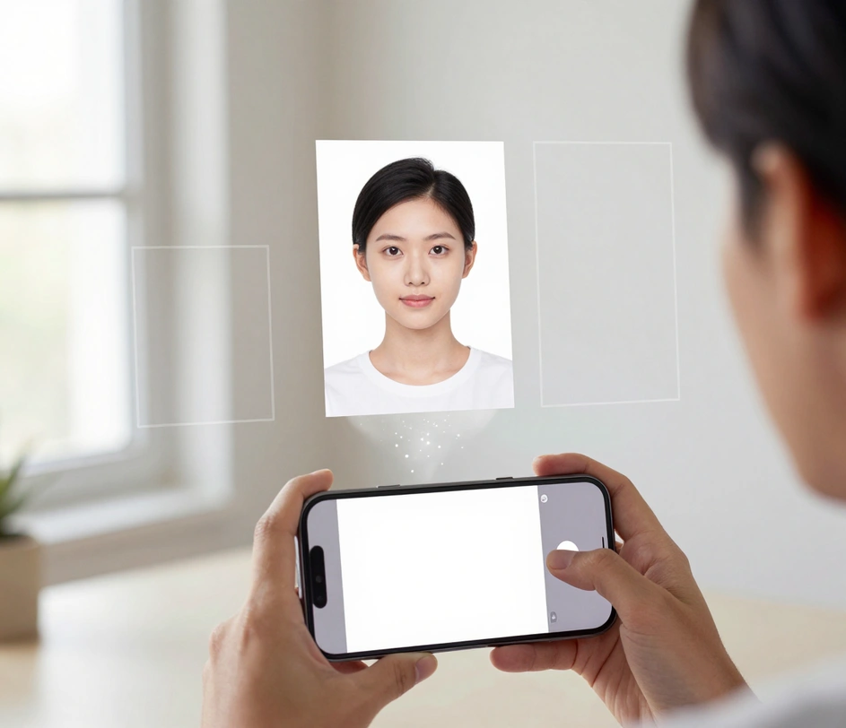 Persuna tieħu selfie bl-ismartphone fid-dawl sħun tat-tieqa waqt li ritratt tal-passaport lest b'proporzjon 3:4 jmaterializza fuq it-telefon, imdawra b'kontorni ta' format kwadru u vertikali u fluss ta' partiċelli bojod u blu navy li jivżwalizza t-tqassir awtomatiku u s-sostituzzjoni tal-isfond