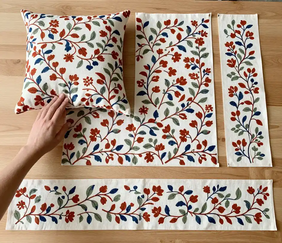 정사각형, 가로형, 세로형, 배너 비율의 인쇄 면 조각 네 점, 모두 같은 러스·인디고 덩굴 반복을 담고 있다