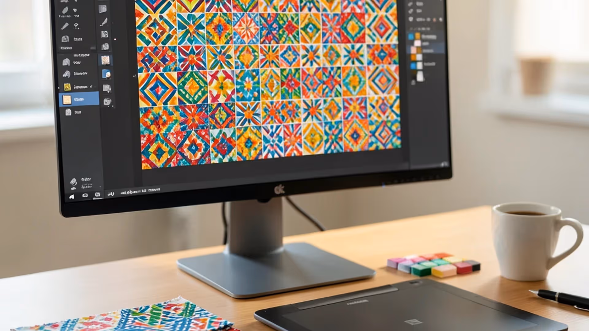 Four seamless pattern variants generated by AI showing geometric floral abstract and damask styles tiled with no visible seams across a 4096 by 4096 pixel canvas