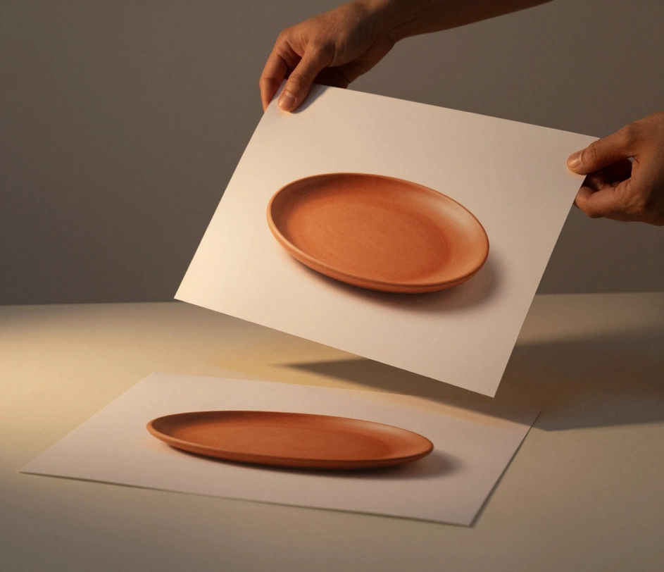 Una splendida fotografia corretta sollevata da una scrivania da studio in una luce calda e festosa, l'originale con dominante gialla appoggiato piatto accanto, con colori neutri e fedeli che brillano sulla stampa corretta