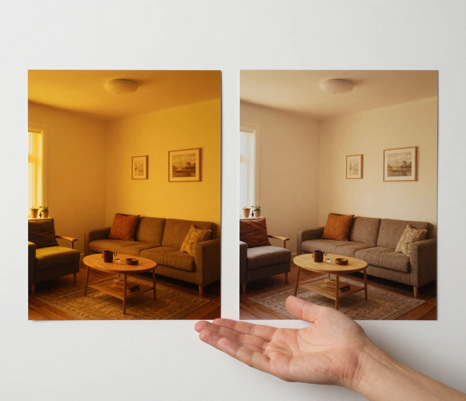 La stessa fotografia di interno mostrata due volte affiancata: la versione a sinistra alterata dall'illuminazione tungsteno arancione e quella a destra corretta automaticamente con un bilanciamento del bianco neutro e colori accurati di pareti e mobili