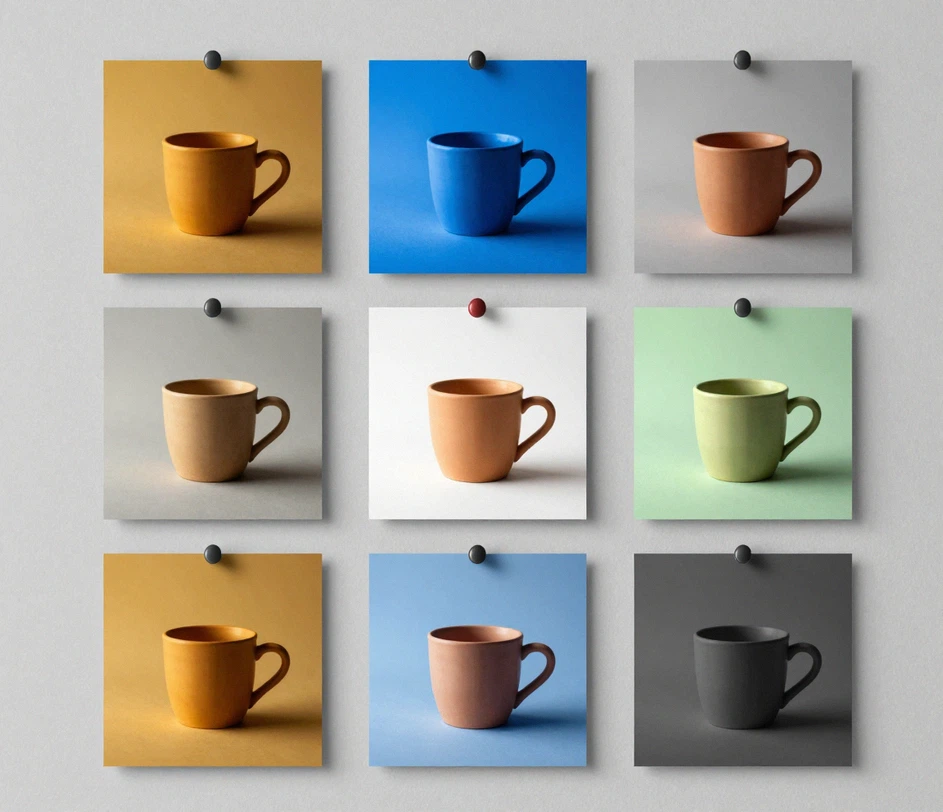 Una parete di sei piccole fotografie di scena sotto diverse condizioni di illuminazione — tungsteno, ombra, fluorescente, luce ambientale mista, golden hour e luce diurna — ciascuna con una card di preset di correzione appuntata sotto: Naturale, Vivace, Luminoso Pulito, Caldo, Freddo e Cinematografico