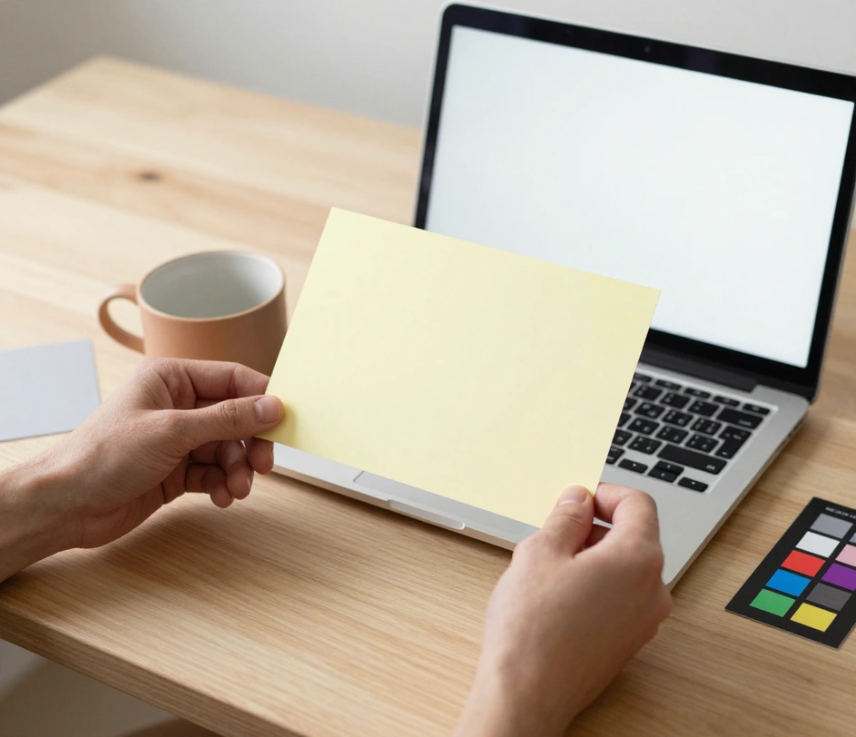 Mani che trascinano la foto di un prodotto con una dominante gialla evidente in un'area di caricamento sullo schermo di un laptop in uno studio luminoso