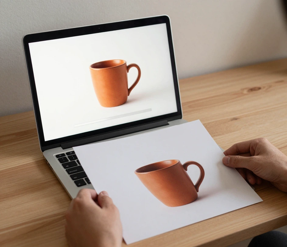 Una fotografia di prodotto corretta e neutra, completata, visualizzata sullo schermo di un laptop con la barra di download completata, la scheda del file pronta per il salvataggio alla risoluzione massima