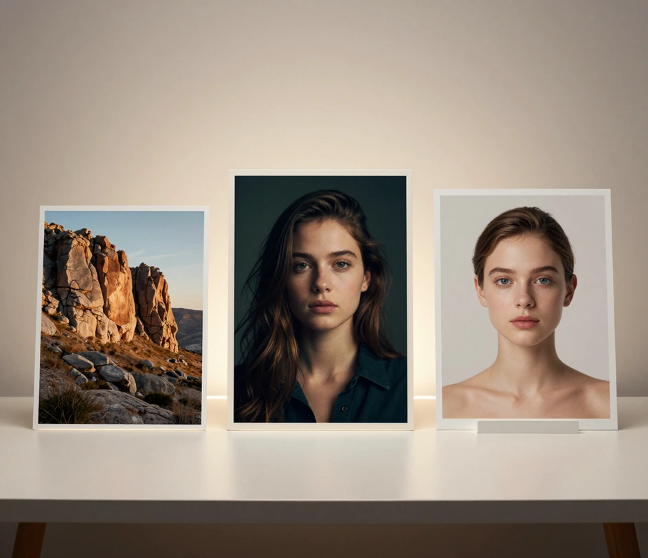 Tre anteprime di strumenti fotografici disposte su una scrivania da studio pulita: una stampa di paesaggio ad alta risoluzione e nitida, un ritratto con color grading cinematografico e una foto headshot ritoccata con morbidezza, ognuna nel proprio cornice sotto un'illuminazione neutra e costante