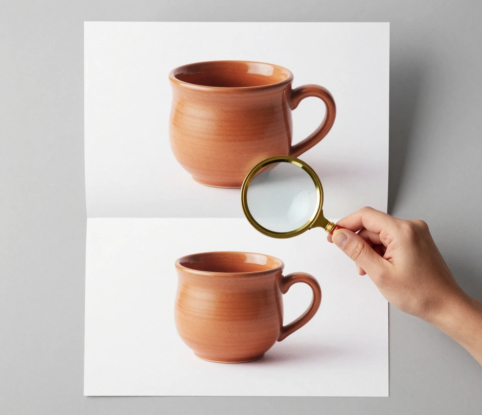 Due versioni corrette della stessa fotografia di prodotto a livelli di qualità crescenti, una grande stampa da studio in piedi con una lente d'ingrandimento che rivela i dettagli della smaltatura a livello dei pori, e una correzione pulita più piccola appoggiata piatta accanto