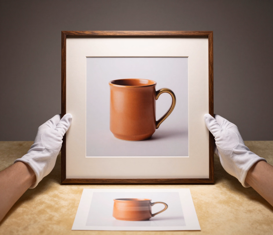 Una correzione 3K di qualità da studio della stessa foto di prodotto, con bianchi neutri impeccabili, colori dei materiali fedeli e dettagli dei bordi nitidi, pronta per la stampa