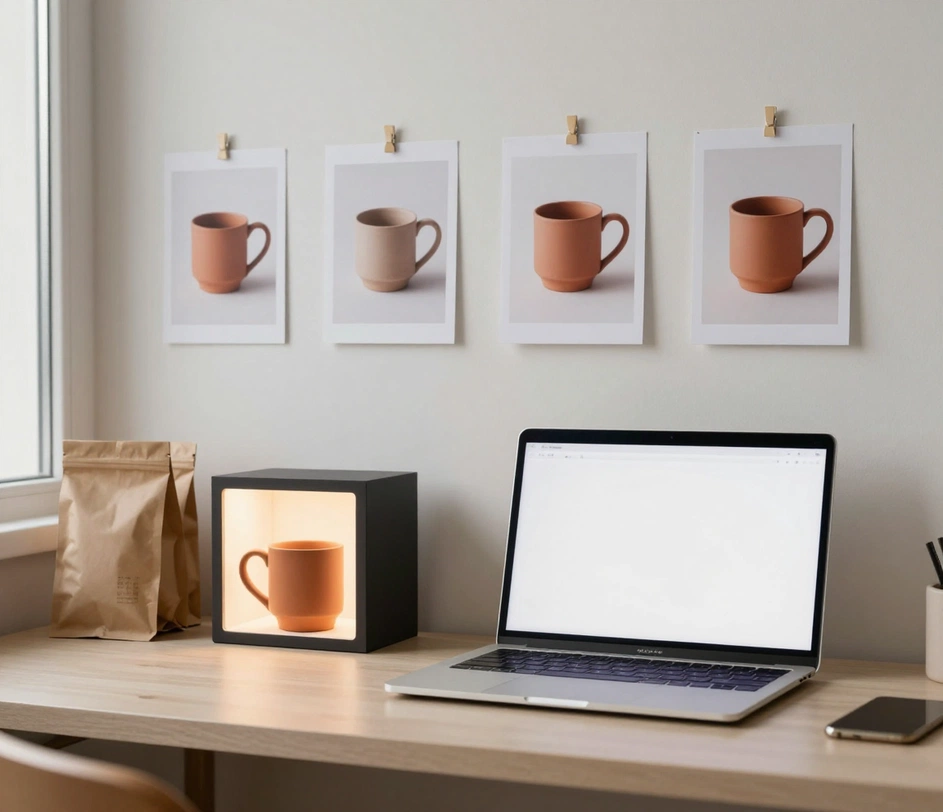 L'area di lavoro di un piccolo venditore e-commerce con un laptop che mostra una pagina di inserzione di prodotto, un lightbox con una tazza in ceramica all'interno e una fila di foto prodotto stampate con colori accurati e coerenti appesa sopra la scrivania