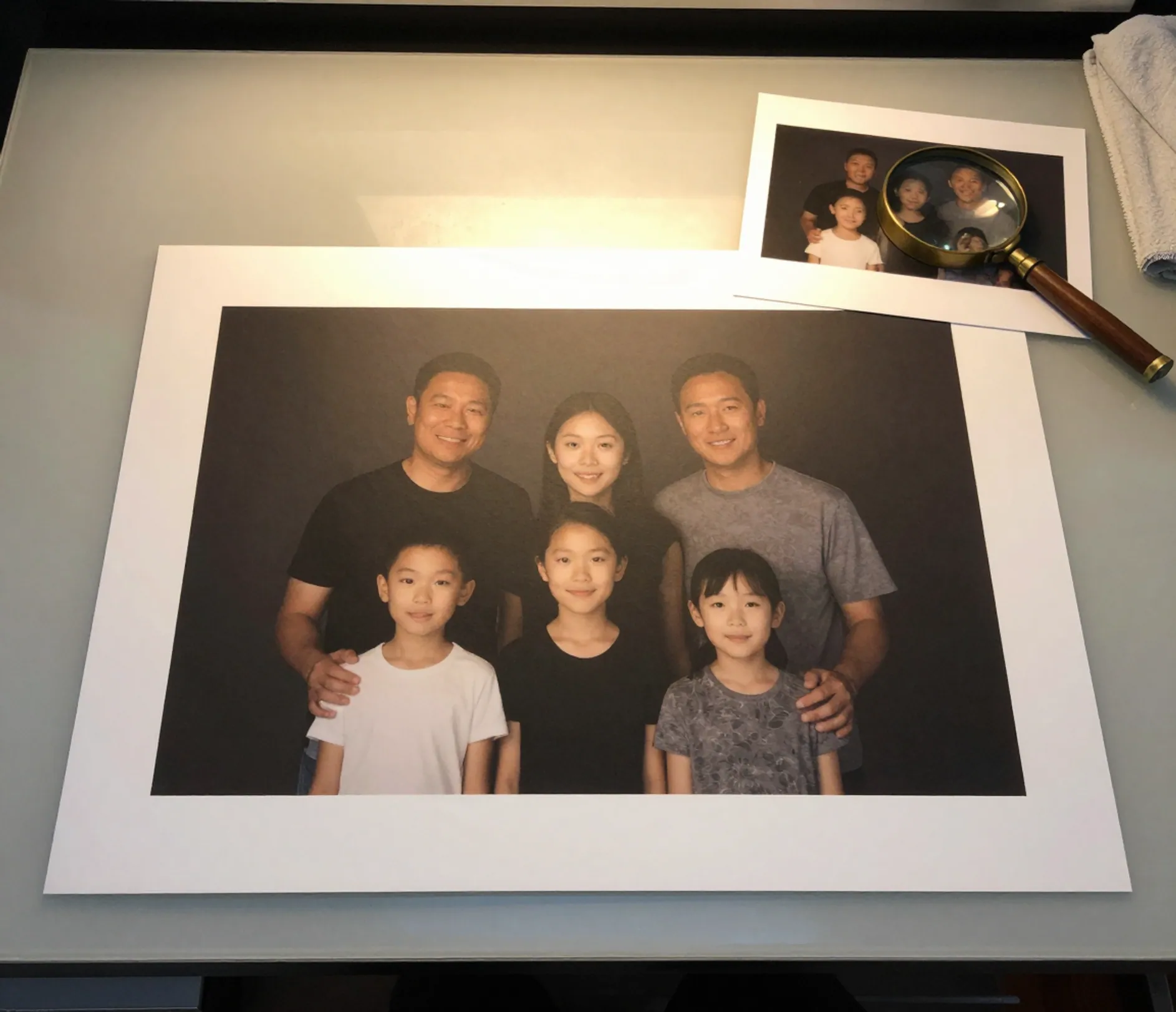 淺灰色印刷店櫃台上放著一張 A4 家庭人像印刷稿與一張小樣，角落裡有黃銅放大鏡與疊好的布