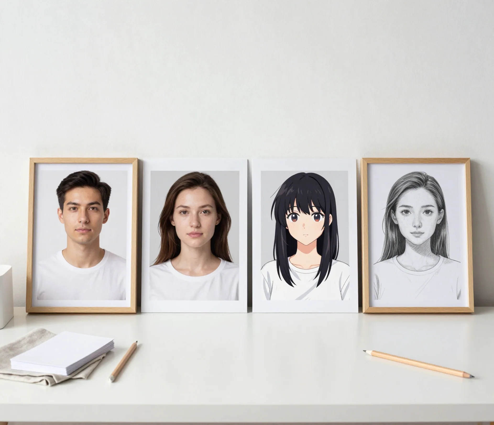 Bốn bản xem trước công cụ ảnh trên bàn sáng — chân dung sắc nét, khuôn mặt đã retouch, chuyển anime và ký họa bút chì, mỗi bản trong khung riêng
