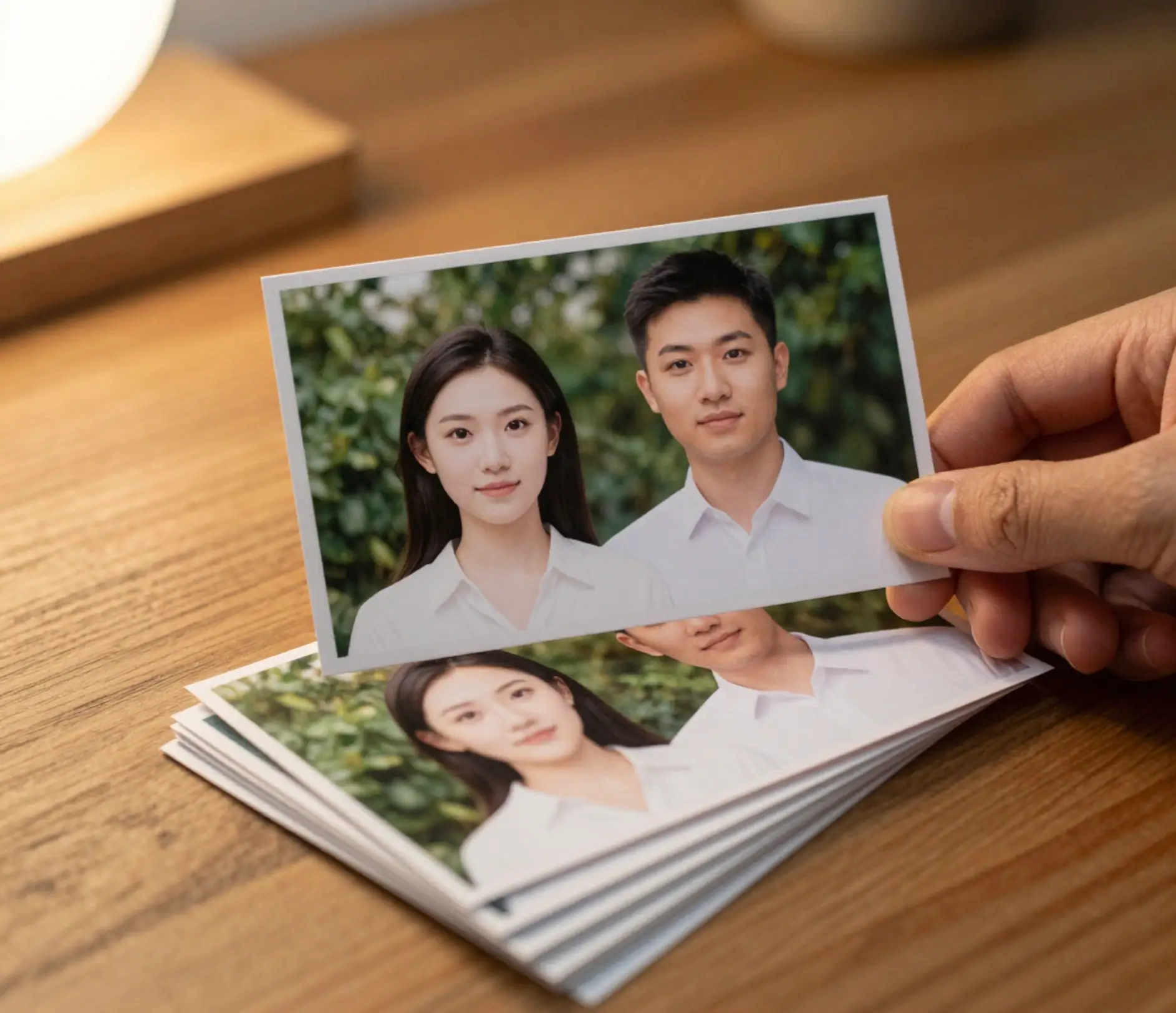 Một bàn tay nâng bản in xem trước đám cưới trên bàn gỗ, bên dưới là chồng bản in cùng kiểu chỉnh vintage ấm