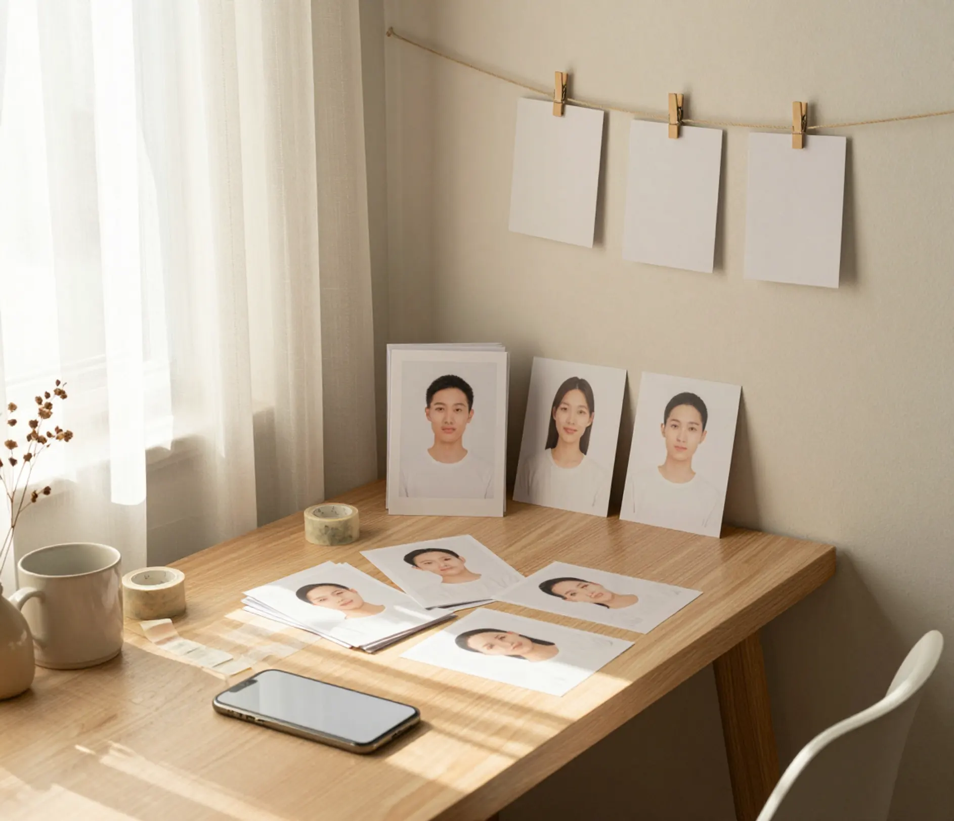 Góc sống đầy nắng với điện thoại úp xuống, các bản in chân dung xếp chồng, cốc gốm và hoa khô trên dải vải lanh