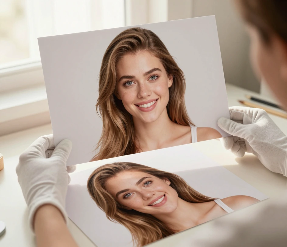 A beautifully retouched portrait photograph being lifted from a bright studio desk in celebratory light, the original unedited selfie lying flat beside it