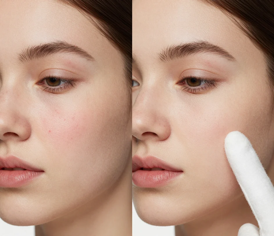 Magnified detail crops of the same cheek before and after AI skin retouching, the before crop showing redness and small blemishes, the after crop smooth with visible pores intact