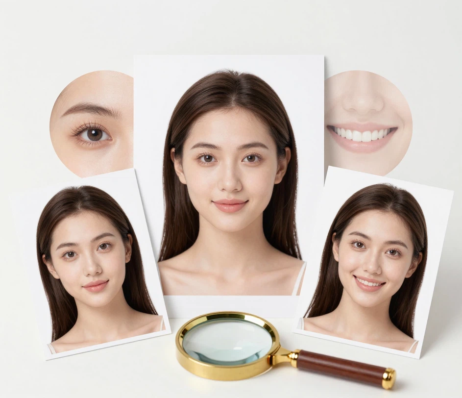 A standing portrait photograph surrounded by three circular magnified crops of the same face — a brightened eye with crisp lashes, a natural white-teeth smile, and a smoothed under-eye area — the 5 facial regions enhanced selectively