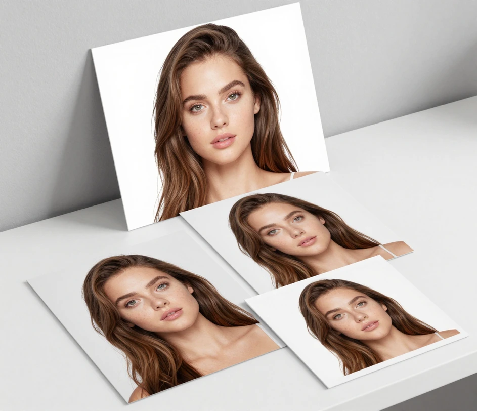 Three versions of the same portrait arranged from a small natural-level print to a large upright glam print at increasing polish levels — identical face and pose in all three