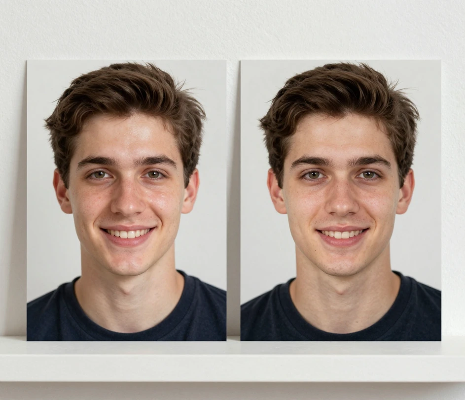 A retouched portrait shown beside its original at the same size, the face, pose, hair, and background identical in both versions while the skin looks cleaner and more even
