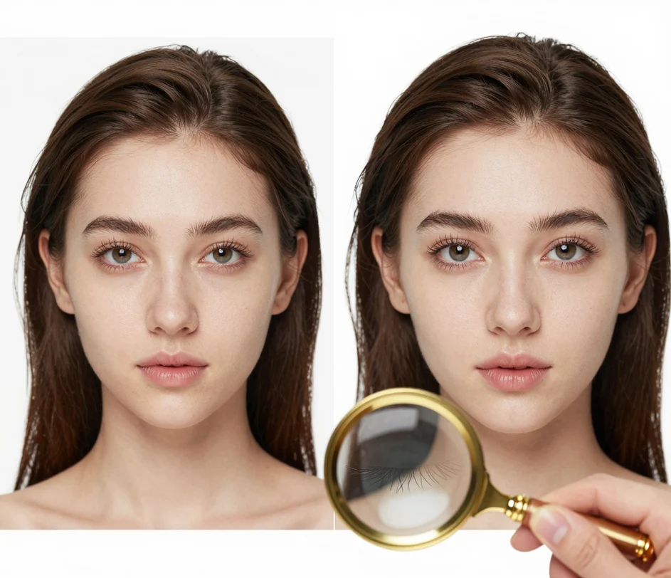 The same retouched portrait printed at standard resolution beside a larger 3K print, a magnifying loupe comparing crisp eyelash and pore-level skin texture between the two