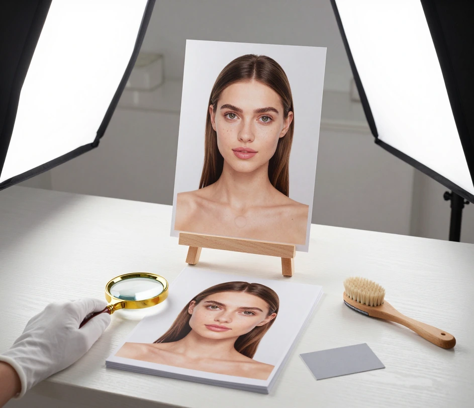 A professional portrait retouching studio desk with a large retouched headshot print as the centerpiece, a tablet showing a before-and-after comparison, and two smaller polished portraits arranged nearby