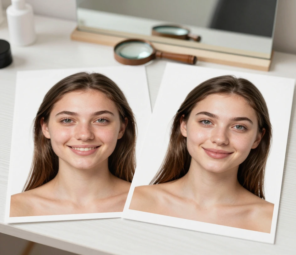 The same portrait photograph printed twice on a bright studio desk, the left print showing visible blemishes and uneven skin tone, the right print professionally retouched with clean smooth skin and bright natural eyes while the face, pose, hair, and background remain identical