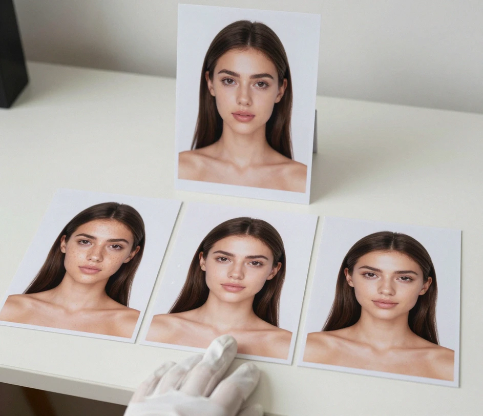 A gloved hand choosing between three proof prints of the same portrait fanned out on a desk — lightly retouched, polished, and glam finishes — to set the retouching intensity