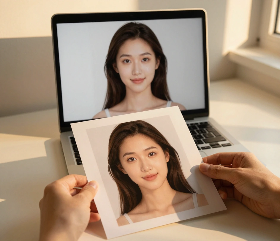 A finished retouched portrait filling a laptop screen while hands lift a freshly printed copy of the same polished photo in warm afternoon light