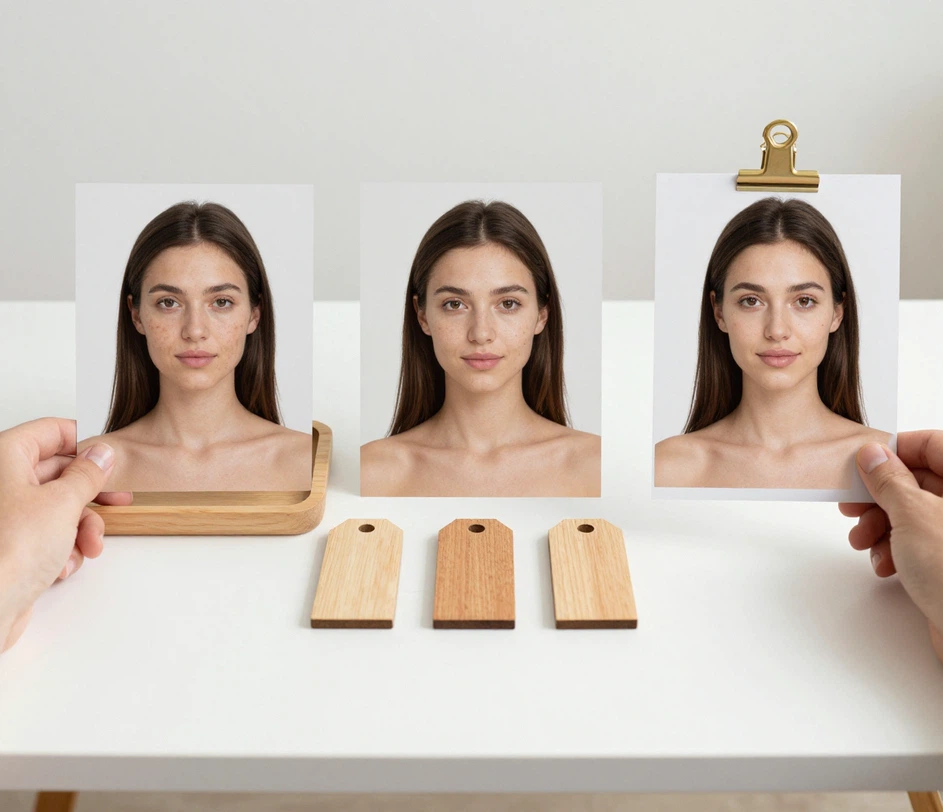 A three-stage retouching desk strip: a hand placing a portrait photo into an upload tray on the left, three intensity preset cards fanned out in the center, and the finished retouched portrait held up on the right