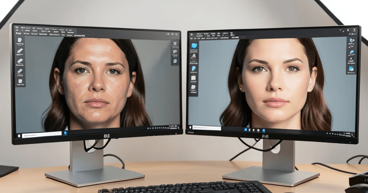 Split-view comparison showing a portrait before and after AI photo retouching — blemishes removed, skin smoothed, and lighting corrected while preserving natural texture