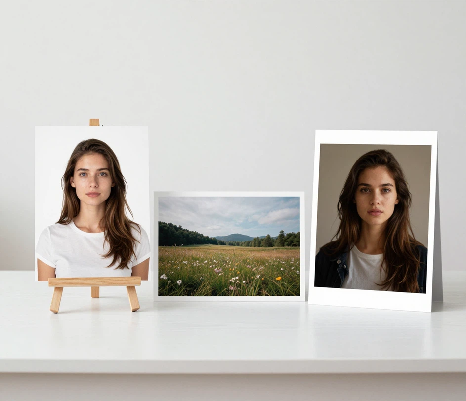 Three photo tool previews arranged on a clean desk: a background-removed cutout portrait, a sharpened high-resolution landscape print, and a color-graded photo, each in its own frame under consistent neutral lighting