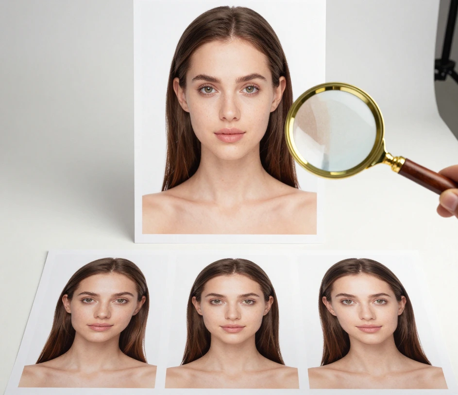 A retouching workstation with versions of the same portrait at ascending polish levels, a large studio-grade retouched print standing upright beside a magnifier card revealing natural pores, and a smaller touch-up print lying flat nearby