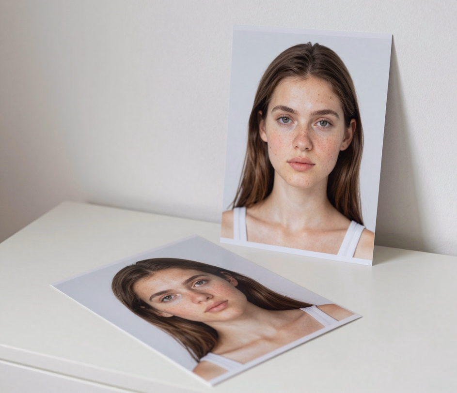 A close-up portrait lightly retouched by a fast engine, temporary blemishes removed while freckles and natural skin texture stay visible