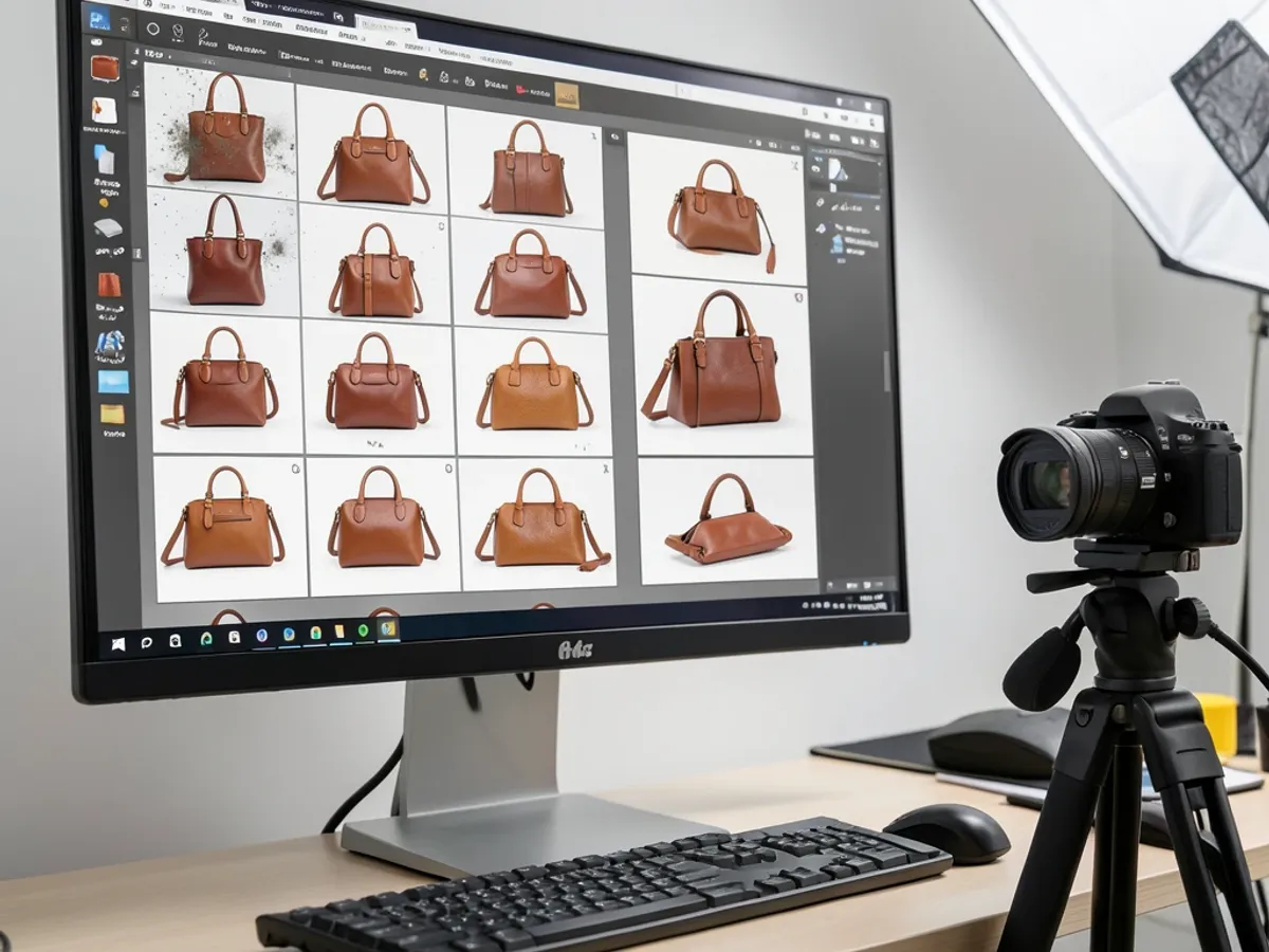 Product photos arranged in a grid showing before and after retouching, with dust removed, colors balanced, and surface details sharpened for e-commerce marketplace listings