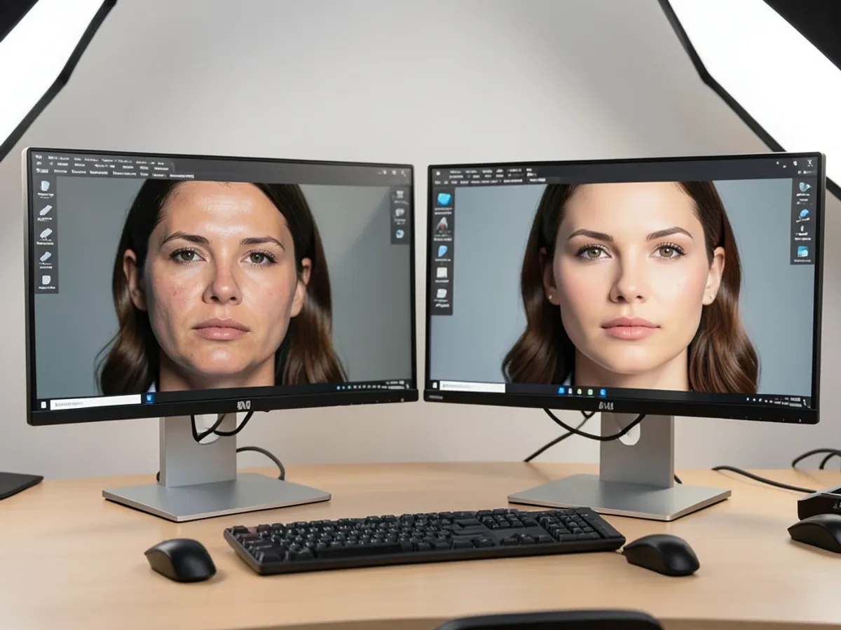 A side-by-side comparison of a corporate headshot before and after AI retouching, showing smoothed skin, corrected white balance, and brightened eyes while maintaining a natural appearance