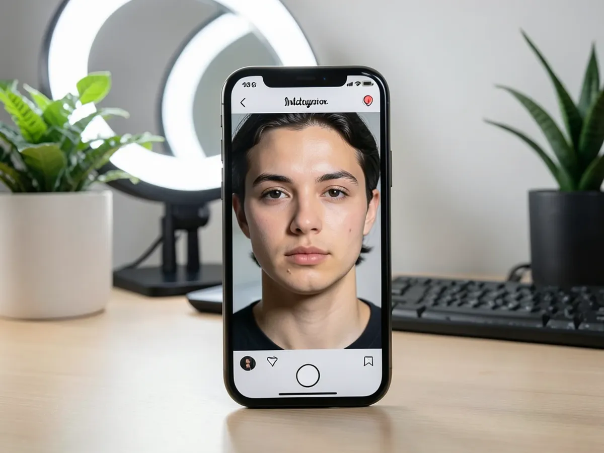A portrait photo displayed on a smartphone screen showing natural-looking AI skin retouching results — blemishes removed while skin texture and facial features remain authentic