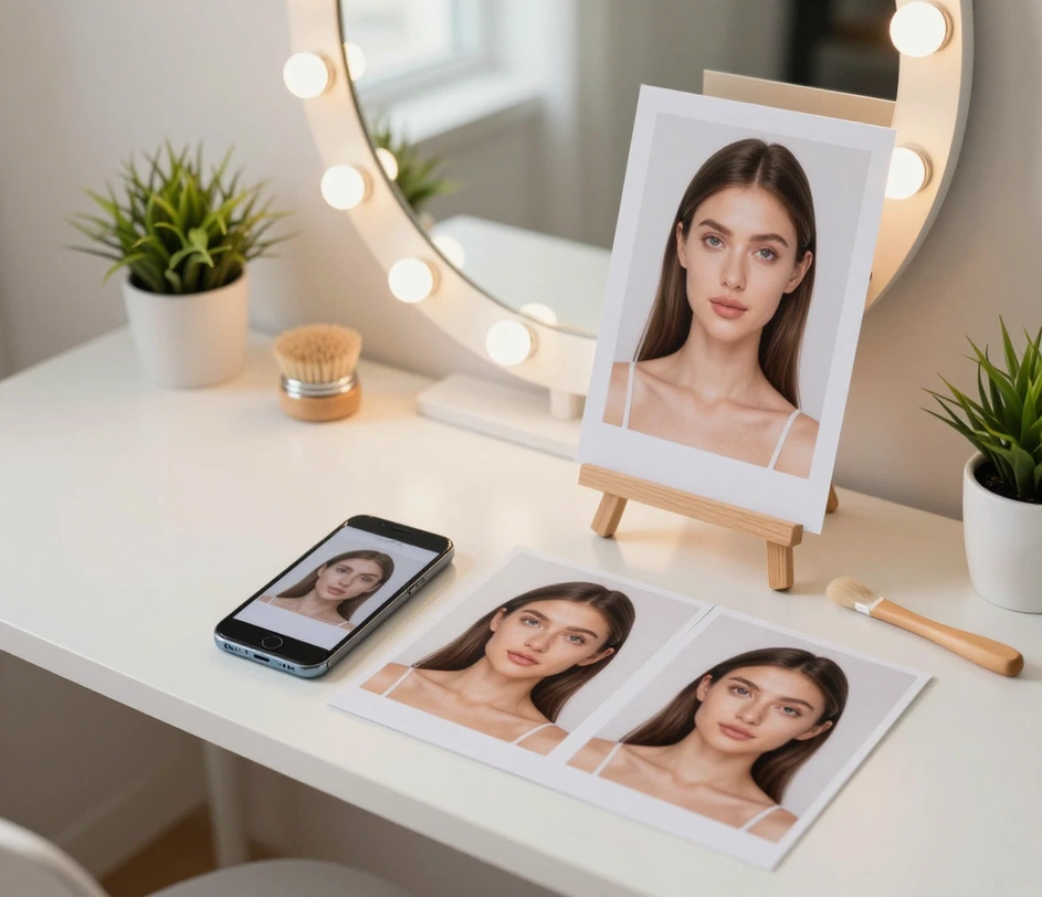 A bright social media creator's desk with a smartphone showing a retouched selfie, a ring light, and a row of printed polished portrait photos pinned above the desk
