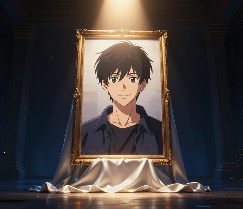 Un portret în stil anime finalizat, dezvăluit într-o ramă luminoasă mare, cu linii clare și culori vibrante sub o lumină caldă de studio