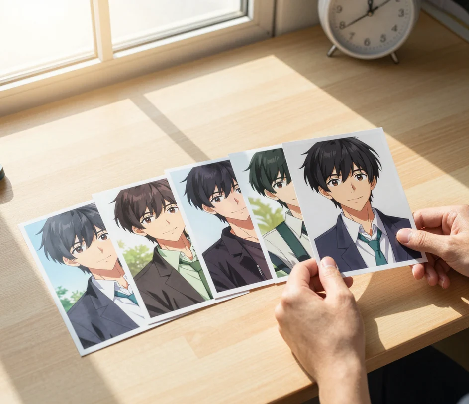 Un flux social în derulare în care un avatar în stil anime clar iese în evidență printre fotografii obișnuite, generat dintr-o singură încărcare