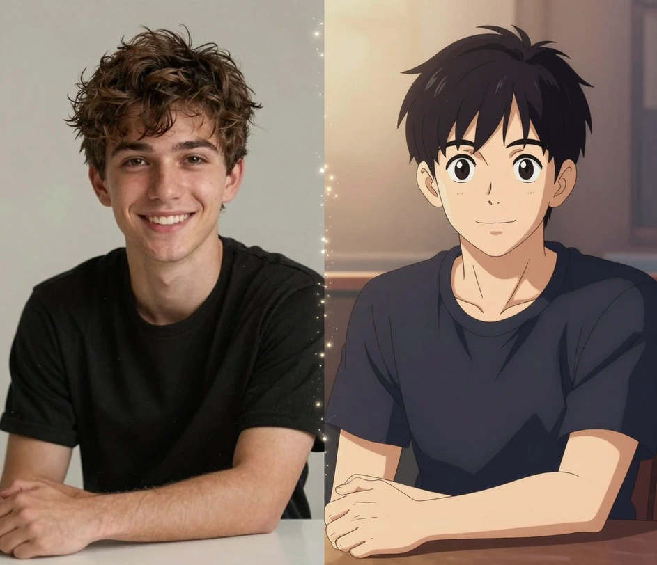 Un portret de familie vintage redesenat în stil anime cu linii curate, zâmbetul familiar rămânând clar recunoscut