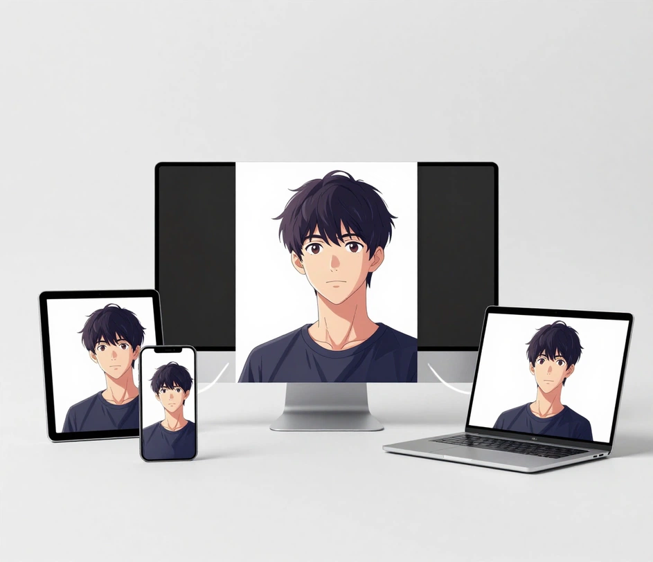 Un slide de prezentare și un ecran de telefon care arată aceeași imagine în stil anime descărcată, fără conversie de format