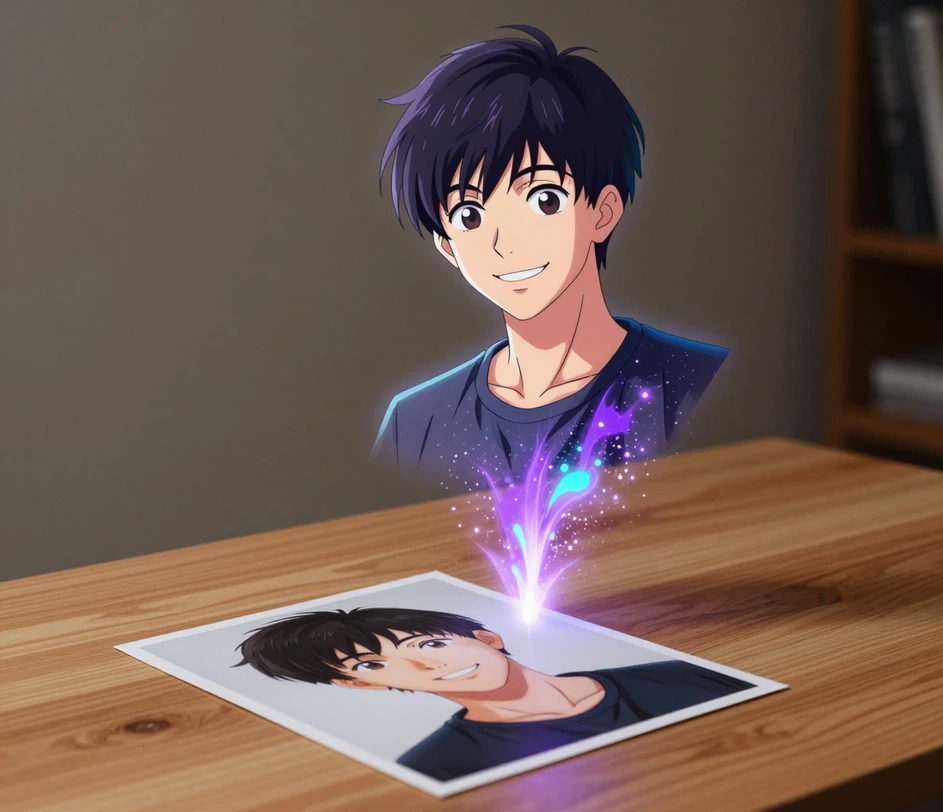 Un portret foto sursă care se transformă într-o ilustrație în stil anime cu linii curate și culori vibrante, persoana rămânând clar recunoscută