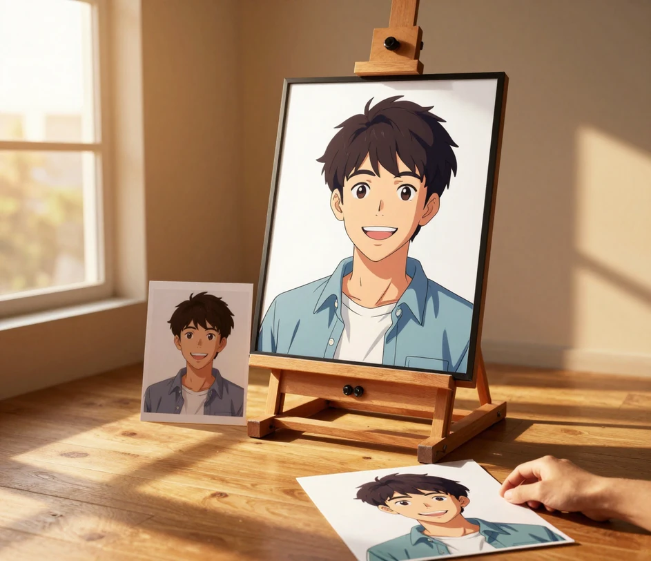 Un randament în stil anime finalizat, previzualizat la dimensiune completă înainte de descărcare, cu fișierul salvat gata pentru un proiect
