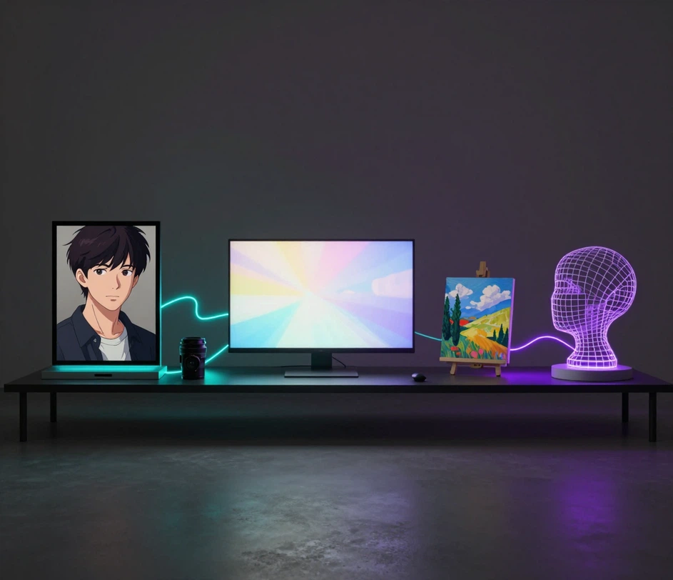 Un raft de studio cu module de instrumente creative AI conectate prin dâre luminoase, fiecare previzualizând un alt tip de ieșire