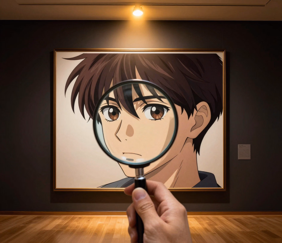 Un portret anime de calitate muzeală sub o lumină caldă de galerie, arătând detaliul de linie 4K al planului Master