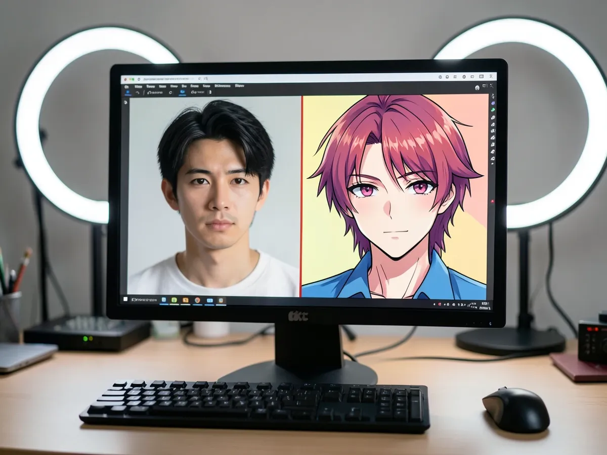 Side-by-side comparison of a standard selfie photograph and its anime conversion showing cel-shaded outlines, vivid color palette, and detailed hair rendering at 2048-pixel resolution