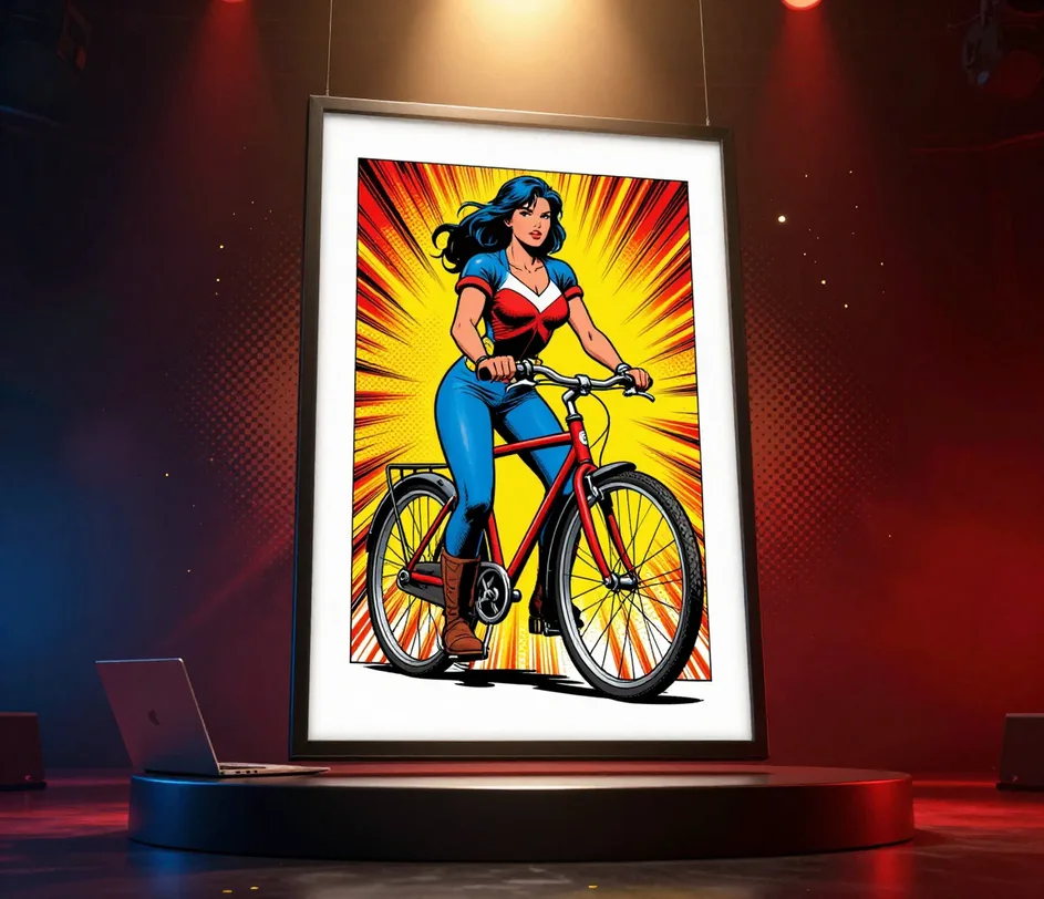 A large framed American comic illustration of a woman with a bicycle suspended center stage under twin spotlights, radiating pop-art speed lines against red and blue ambient light