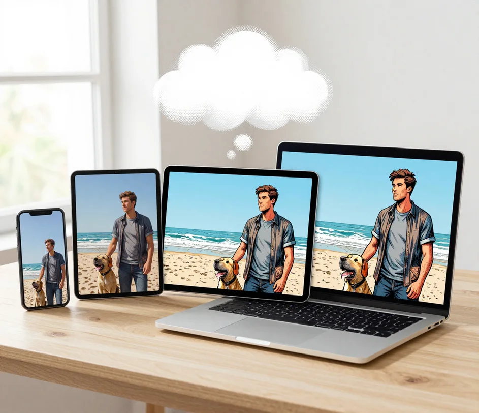A phone, two tablets, and a laptop on a light wood desk all displaying the identical comic conversion of a man with a golden retriever on a beach, clean textless screens connected by a soft particle cloud