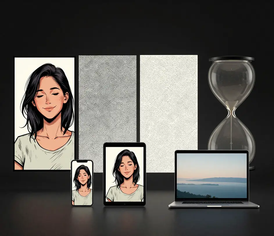 Four-module showcase of the comic photo generator: a serene ink-outlined comic portrait, the same artwork glowing on phone, tablet, and laptop screens, a macro of crisp halftone print texture, and a blank glass hourglass beside a calm photograph