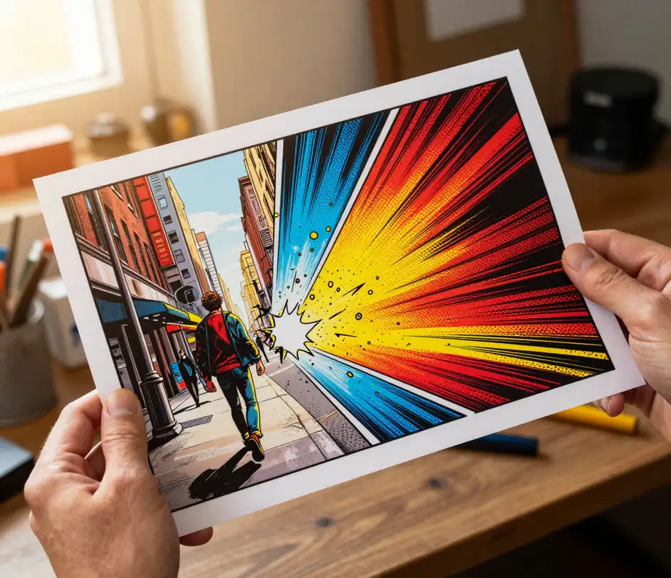 Hands holding a printed street photograph mid-transformation: the lower-left half stays photorealistic while the upper-right half bursts into American comic art with ink outlines, halftone dots, and a red-blue-yellow radial starburst